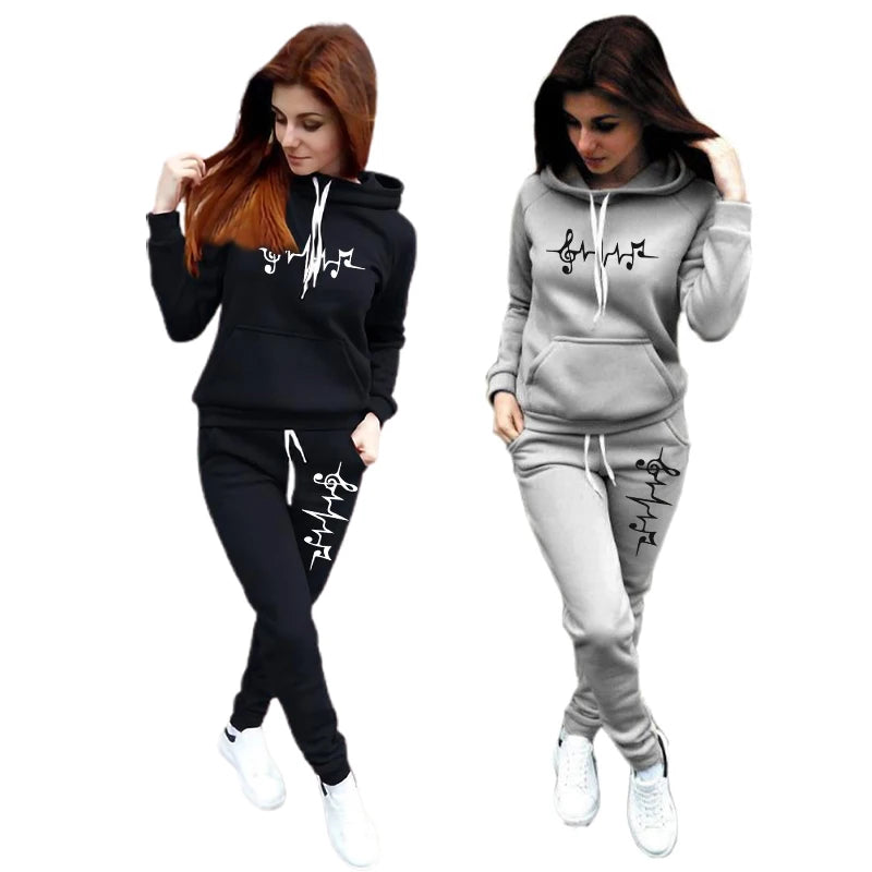 Hooded Sweatshirts Suit Fashion Printing Jogging Womens Tracksuit Casual Versatile Autumn Winter Clothing Fleece Warm Pants Set