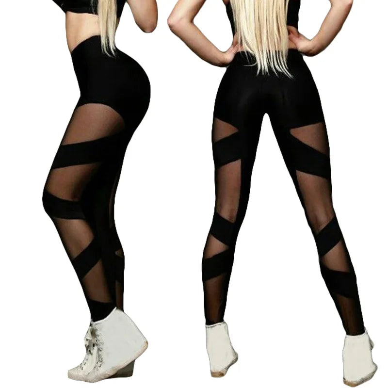 High Waist See-Through Mesh Leggings for Women - Stylish Cross Sports & Dance Pants