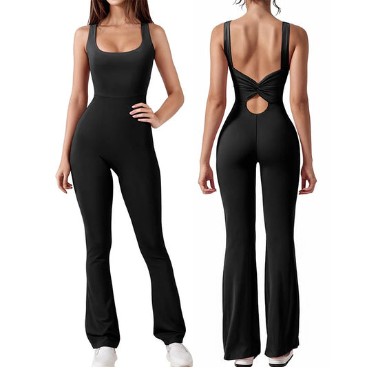 Womens Workout Flare Jumpsuit Backless Yoga Romper Scrunch Butt One Piece Bodysuit Leggings Open Back Gym Bodycorn