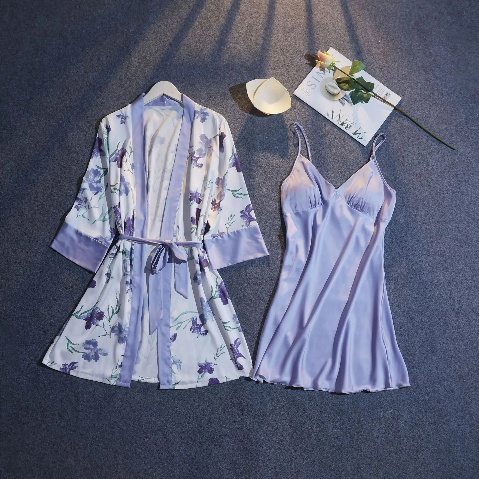 Chic Floral Print Summer Pajama Set with Belted Cardigan and Padded Slip Dress for Women