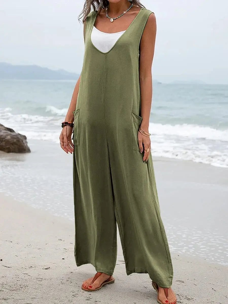 2024 Summer Solid Color V-Neck Wide-Leg Jumpsuit with Patch Pockets for Fashionable Look in Europe and the USA