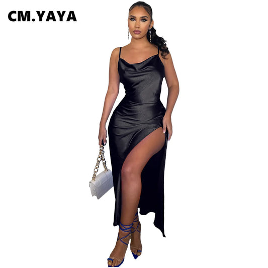 CM.YAYA Women's Satin A-line Bodycon Dress with Spaghetti Straps and High Side Slit - 2023 Sexy Club Party Evening Wear