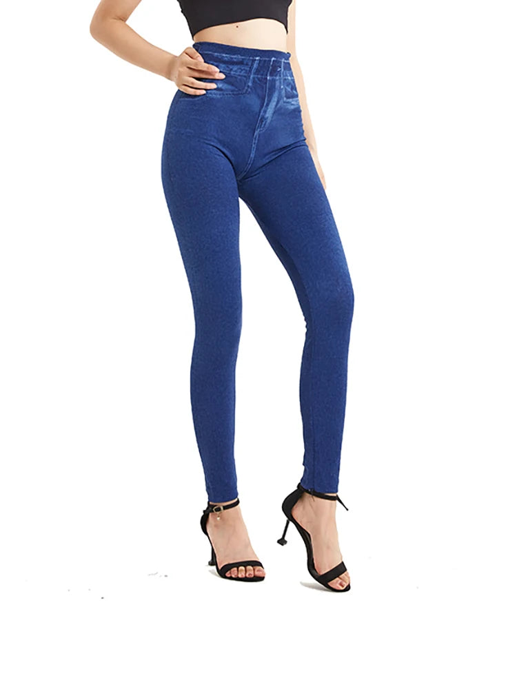 High Waist Plus Size Faux Denim Leggings for Women - Stretchy Casual Jeggings in Solid Blue