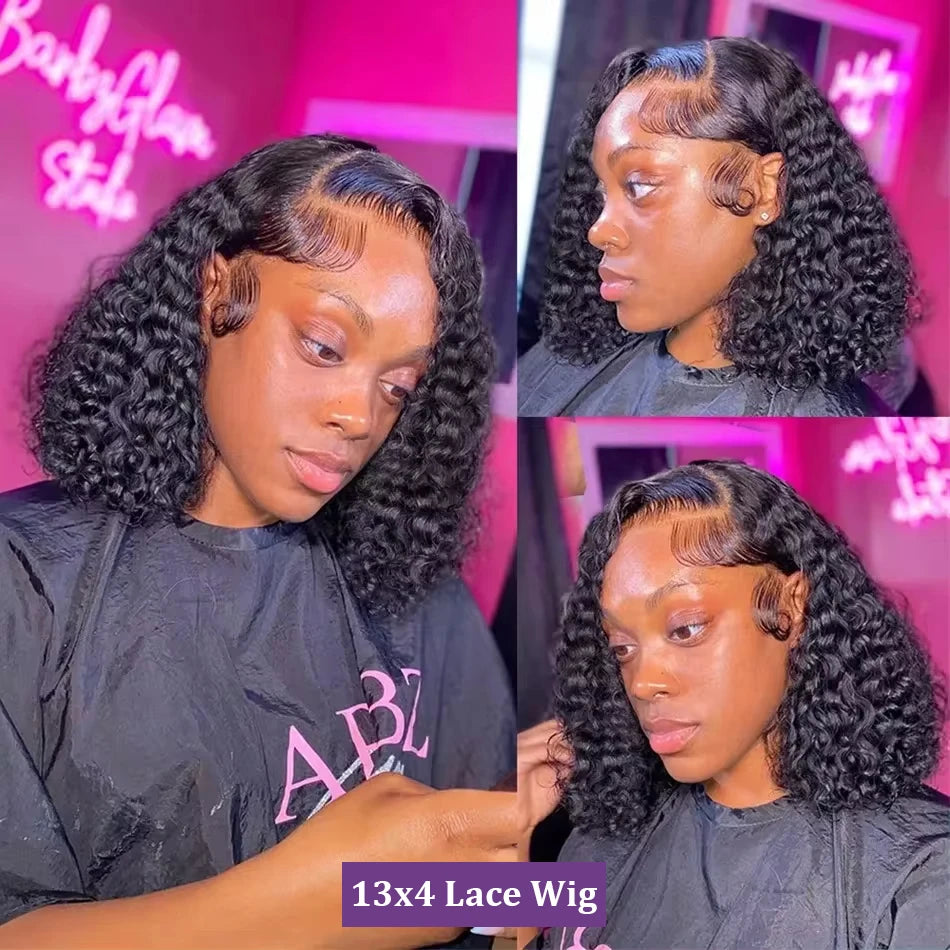 200% Transparent Deep Wave Curly Bob Wigs with 13x4 Lace Frontal and 4x4 Lace Closure for Women