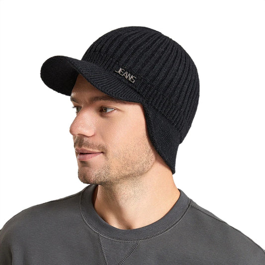 Men's Knitted Winter Baseball Cap with Earflaps - Warm Woollen Beanie for Outdoor Leisure Activities