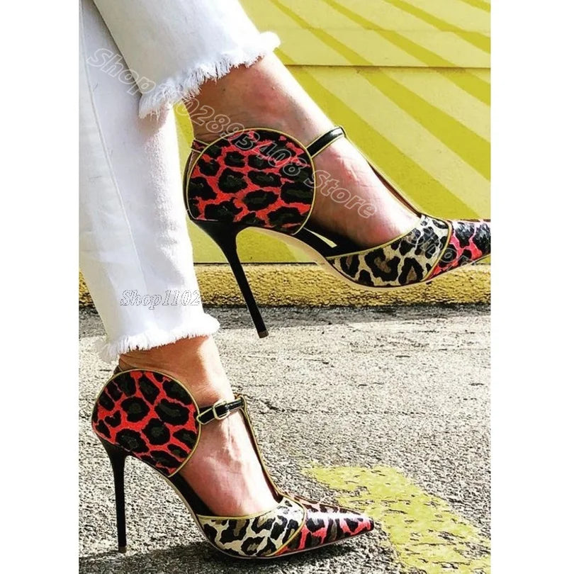 Leopard Print T-Strap Slingback High Heels - Stylish Ankle Buckle Pumps for Elegant Women's Events 2024