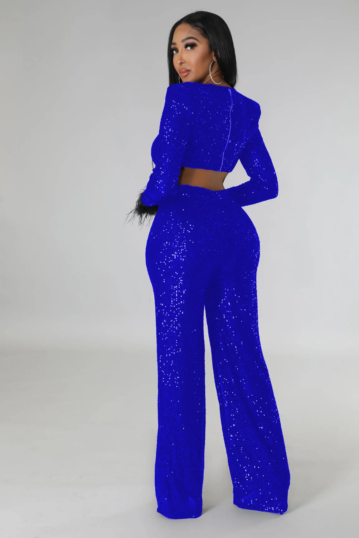 Chic Autumn V-Neck Sequin Jumpsuit with Feather Accents for Women