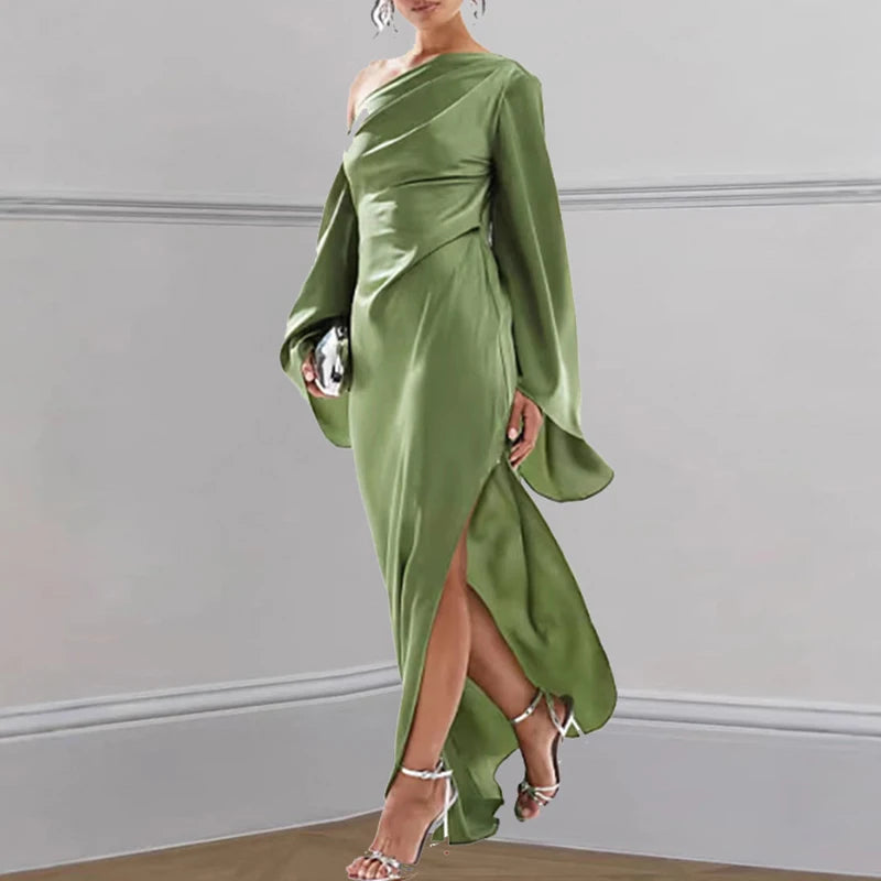 Chic Asymmetrical Off-Shoulder Backless Midi Dress for Women with Flare Sleeves and Side Slit - Elegant Autumn Party Wear