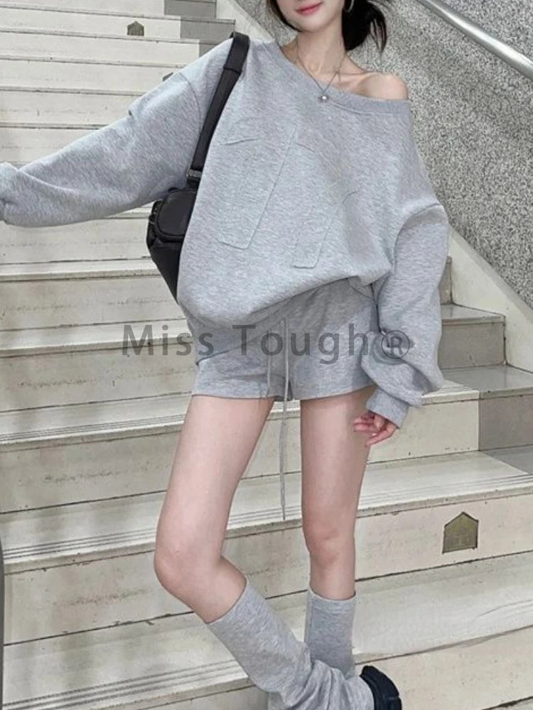 Korean Fashion Gray Sport Style 2 Piece Set Loose Pullovers + Short Pant Women Autumn High Waist Slim Casual Sweatshirt New 2024