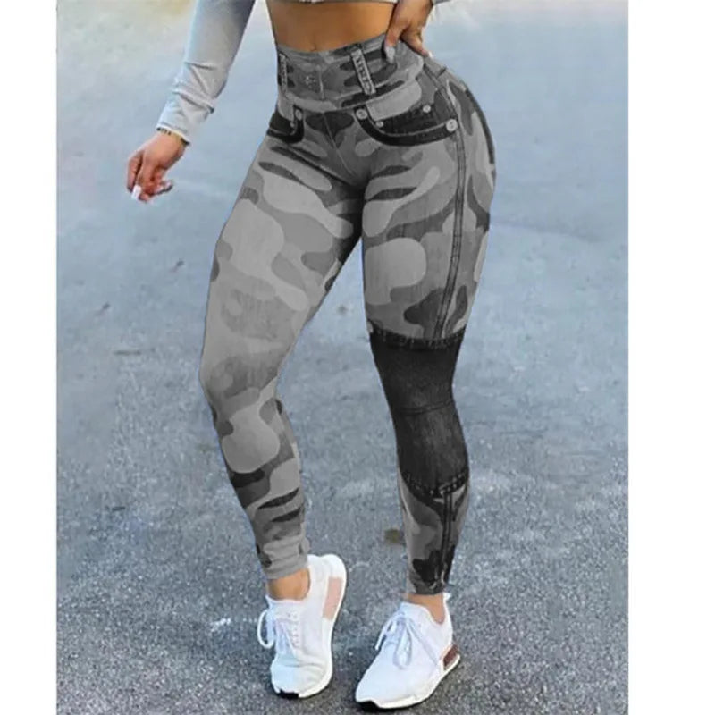 2024 Fall/Winter (XL.XXL.XXXL) Women's High-Waisted Elastic Denim-Look Leggings for Fitness and Yoga