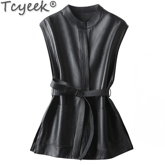 Tcyeek Genuine Leather Coat Women's Mid-length Sheepskin Vest Spring 2023 Slim Fit Motorcycle Leather Jacket Women Clothing New