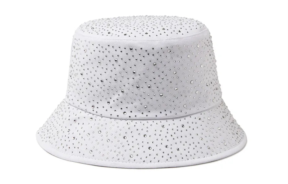 Chic Rhinestone-Studded Y2K Bucket Hat for Women - Stylish Cotton Panama Cap for Spring and Summer Escapades