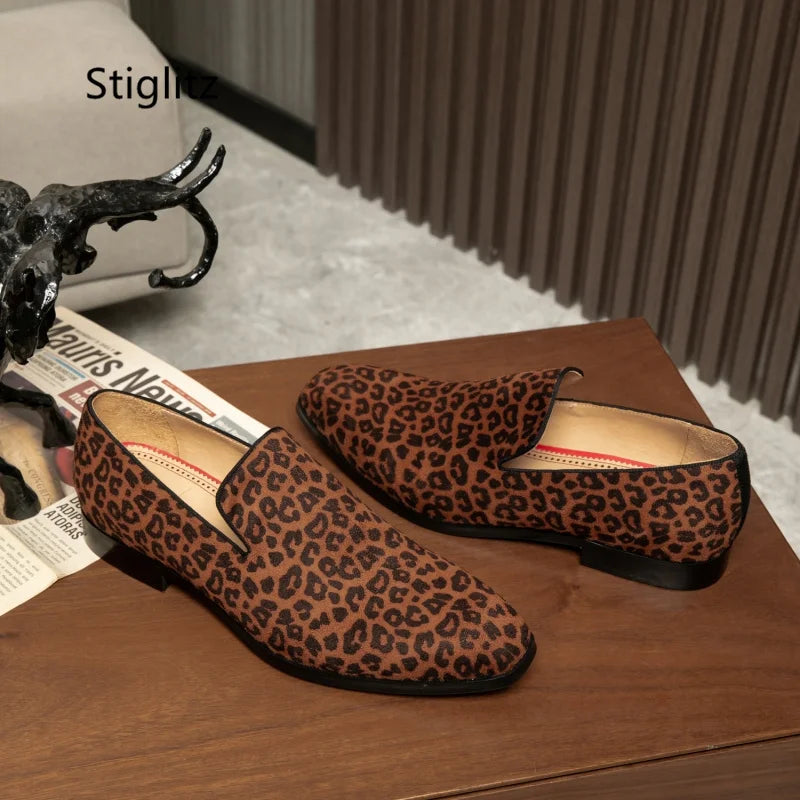 Leopard Print Casual Slip-On Loafers for Men - Breathable Genuine Leather Dress Shoes for Office and Driving in Spring and Autumn