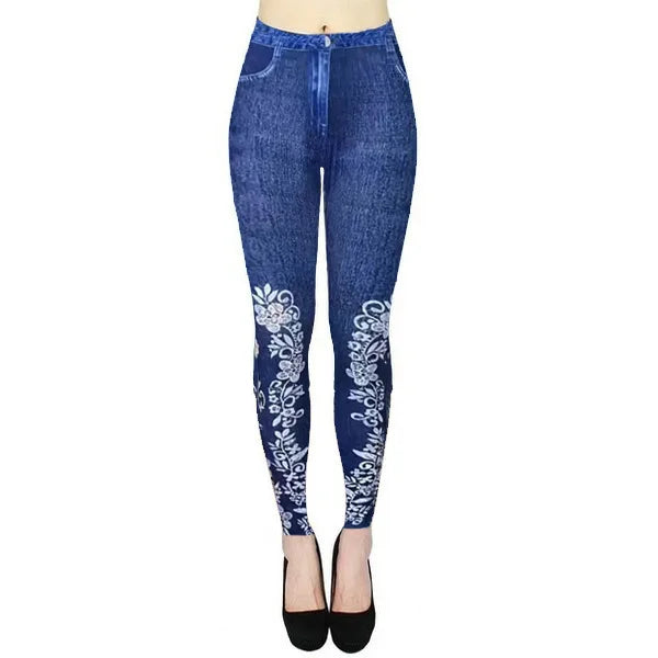 2024 Fall/Winter (XL.XXL.XXXL) Women's High-Waisted Elastic Denim-Look Leggings for Fitness and Yoga