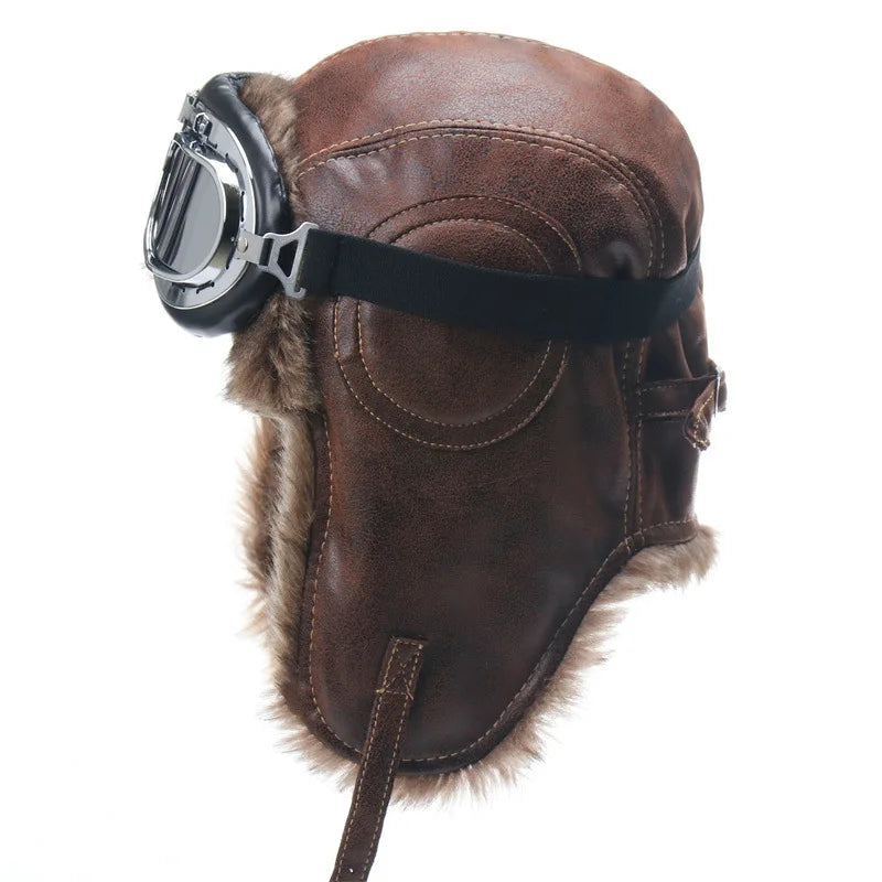 SupSindy Men Winter Bomber Hat With Goggles Outdoor Motorcycle Windproof Warm Faux Fur Pilot Earflap Hat Leather Thermal Ushanka