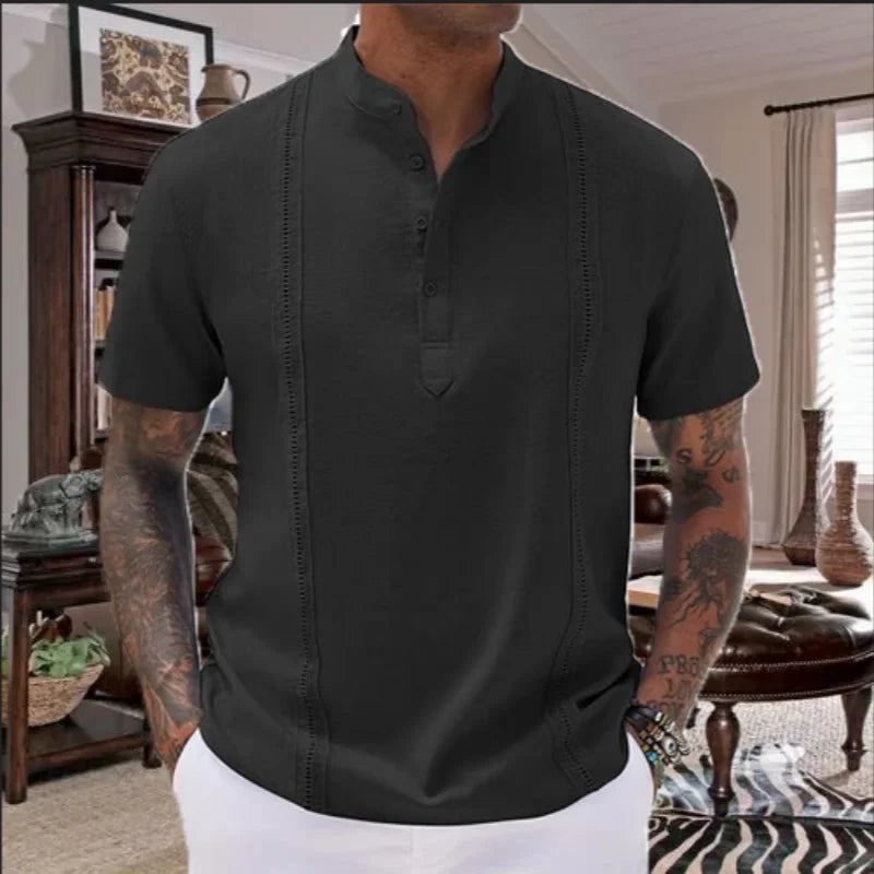 Men's Premium Cotton Linen Summer Guayabera Pullover Shirt with Stylish Henry Collar