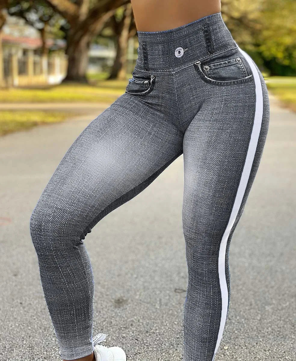 2024 Fall/Winter (XL.XXL.XXXL) Women's High-Waisted Elastic Denim-Look Leggings for Fitness and Yoga