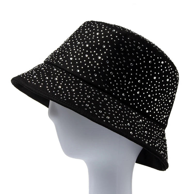 Chic Rhinestone-Studded Y2K Bucket Hat for Women - Stylish Cotton Panama Cap for Spring and Summer Escapades