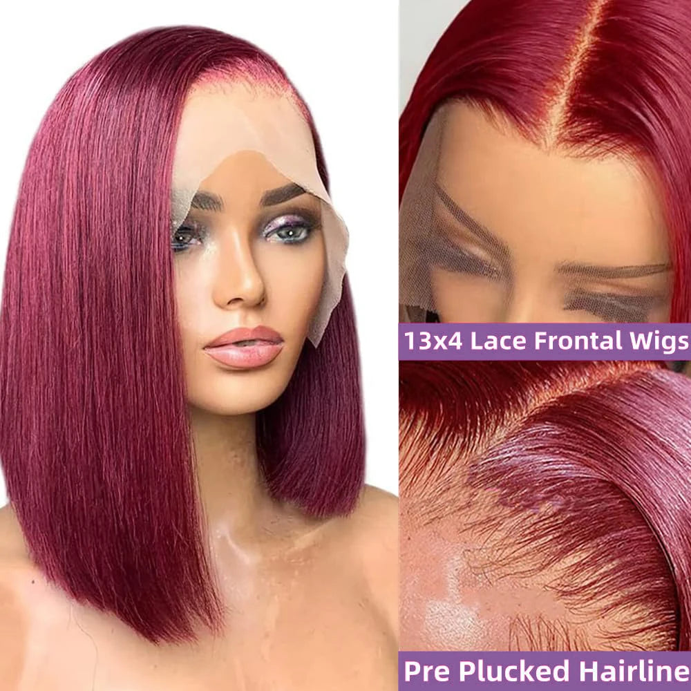 Vibrant 99J Burgundy 13x4 HD Lace Frontal Bob Wig - Pre-Plucked, Short Straight Brazilian Human Hair, 200% Density