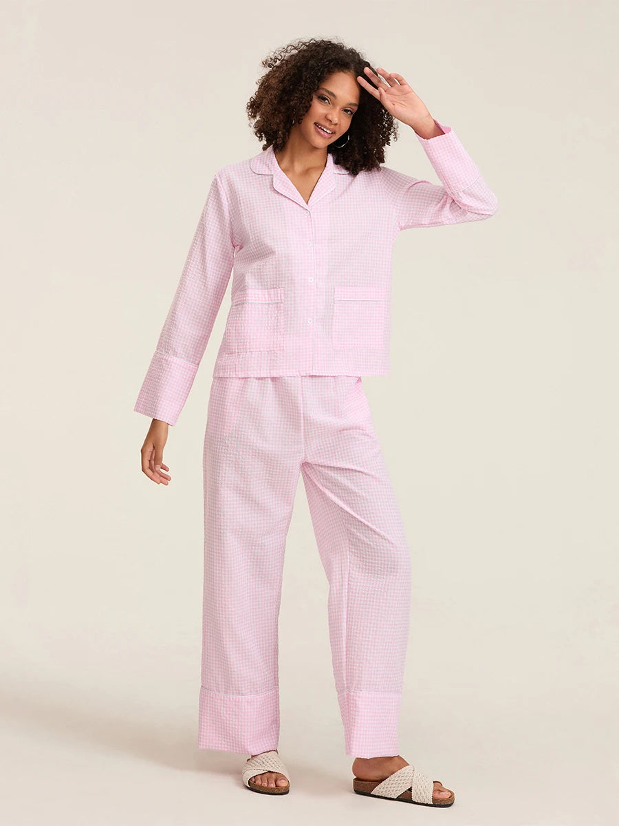 Plaid Long Sleeve Women’s Pajama Set - Stylish 2-Piece Loungewear with Button Details