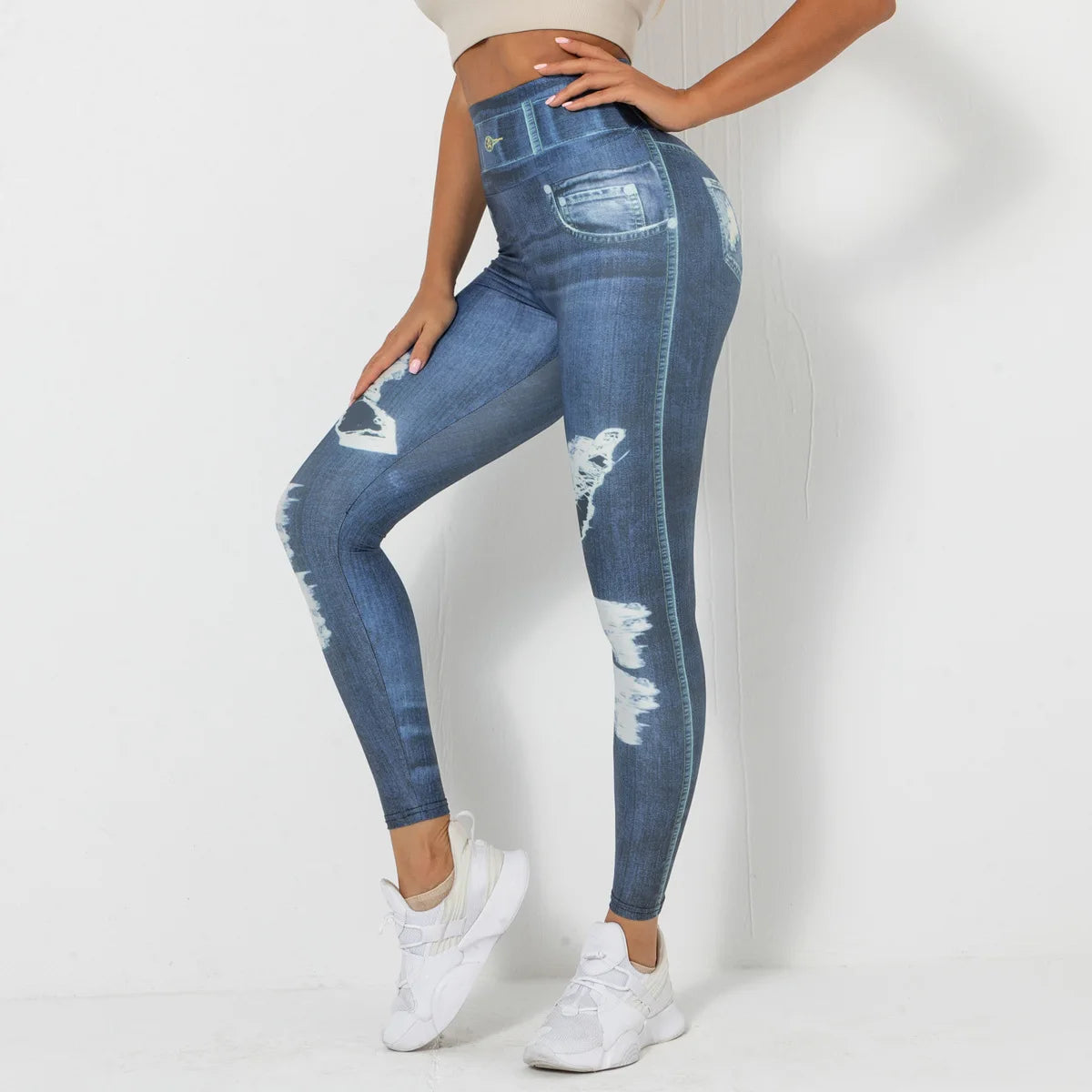 High Waist Scrunch Yoga Leggings for Women - Denim-Look Push Up Fitness Tights