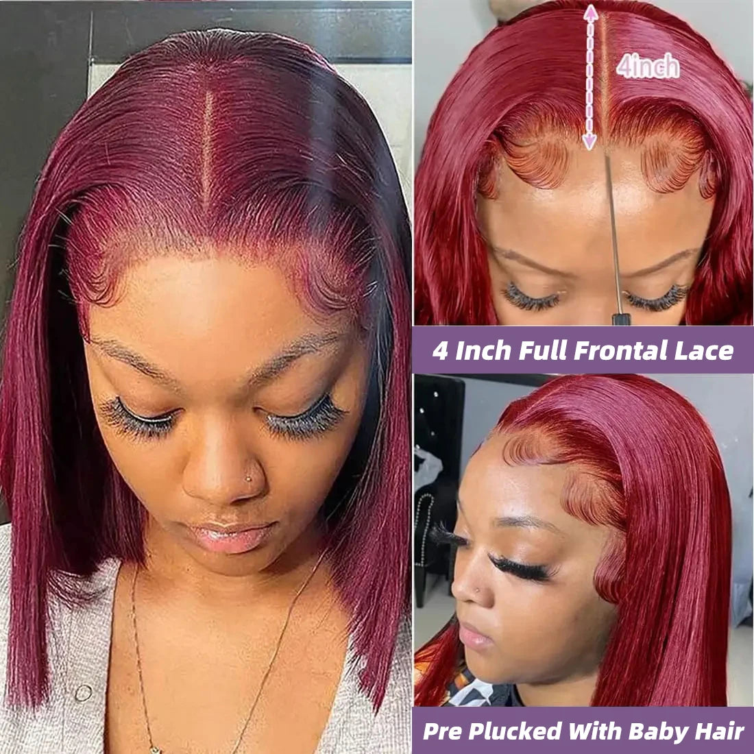 Vibrant 99J Burgundy 13x4 HD Lace Frontal Bob Wig - Pre-Plucked, Short Straight Brazilian Human Hair, 200% Density