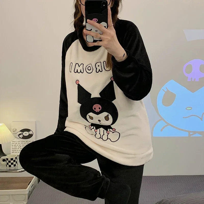 Cozy Sanrio Kuromi Winter Pajama Sets for Women - Adorable Soft Sleepwear & Cartoon Home Wear Gift