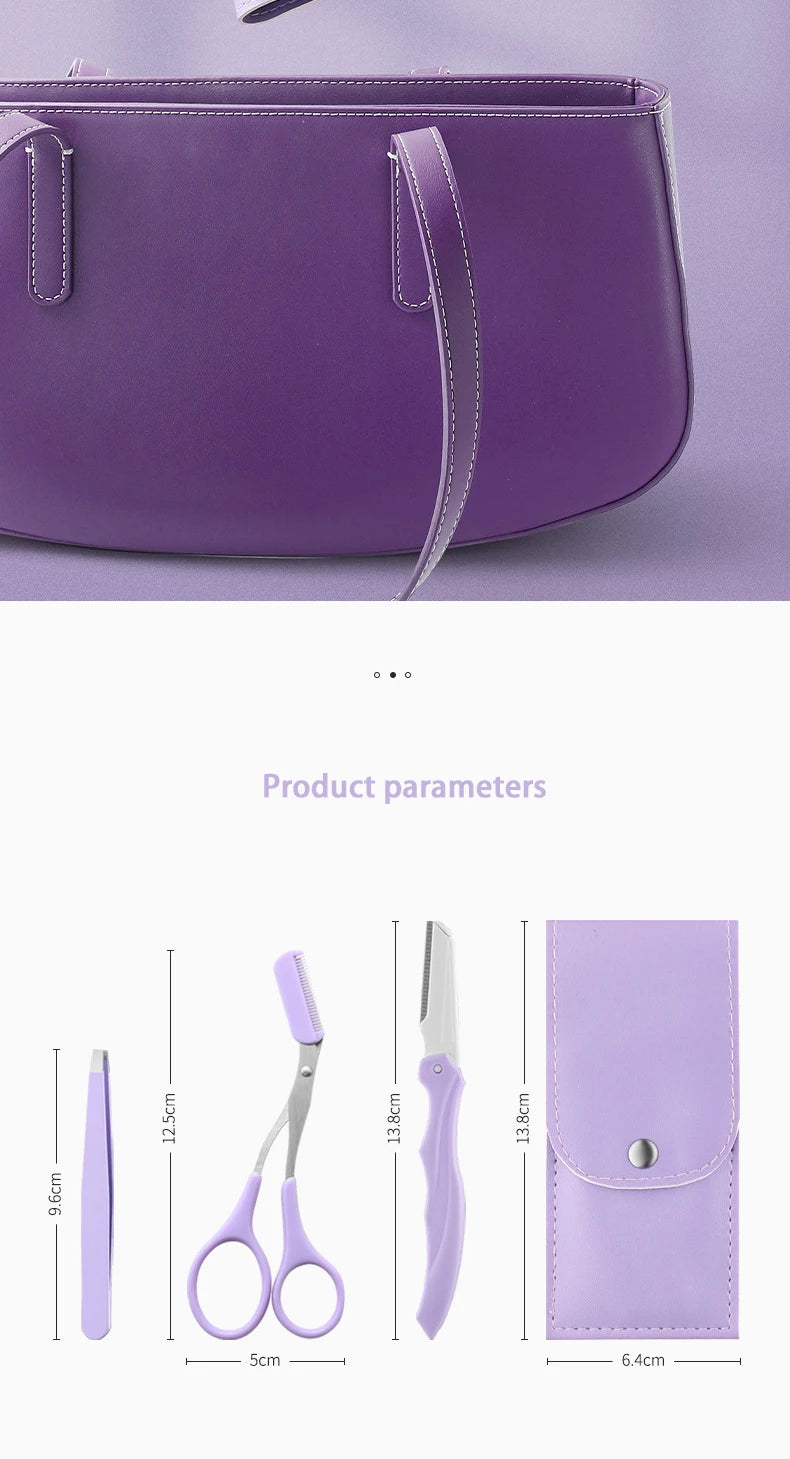 Fashionable Purple Eyebrow Grooming Kit: Foldable Trimmer, Comb, Scissors & Precision Tweezers - 2023 Collection