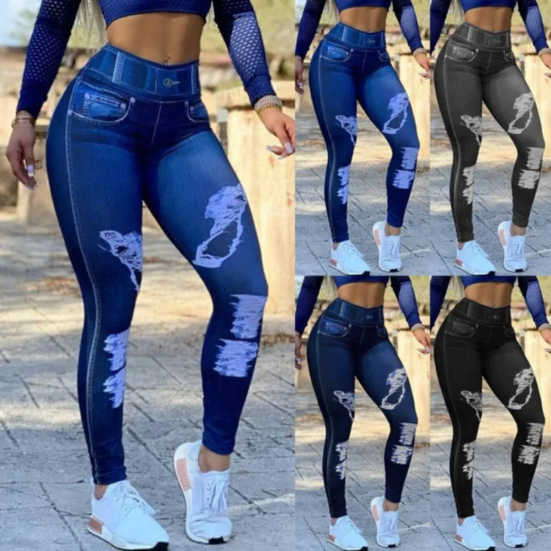 2024 Fall/Winter (XL.XXL.XXXL) Women's High-Waisted Elastic Denim-Look Leggings for Fitness and Yoga