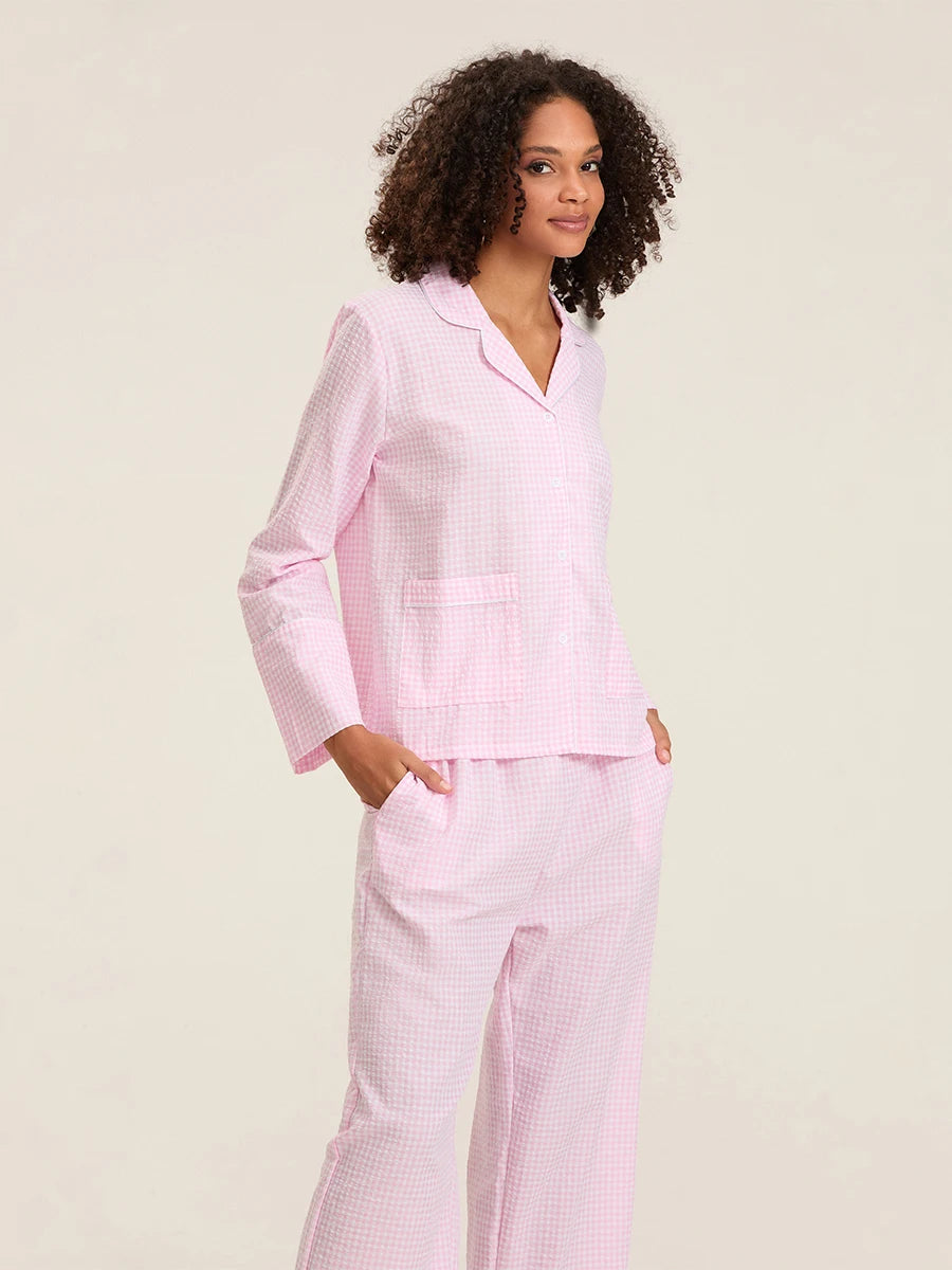 Plaid Long Sleeve Women’s Pajama Set - Stylish 2-Piece Loungewear with Button Details