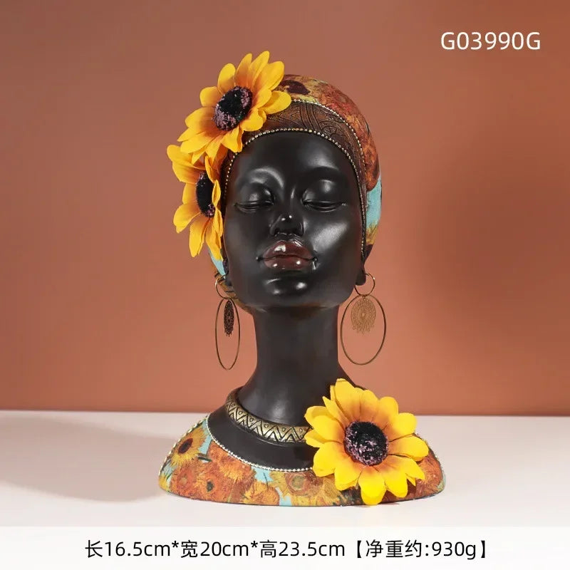 Resin African Black Woman Bust Statue American Figurines Sculpture Home Decor Living Room Shelf Display Cabinet Desk Decoration