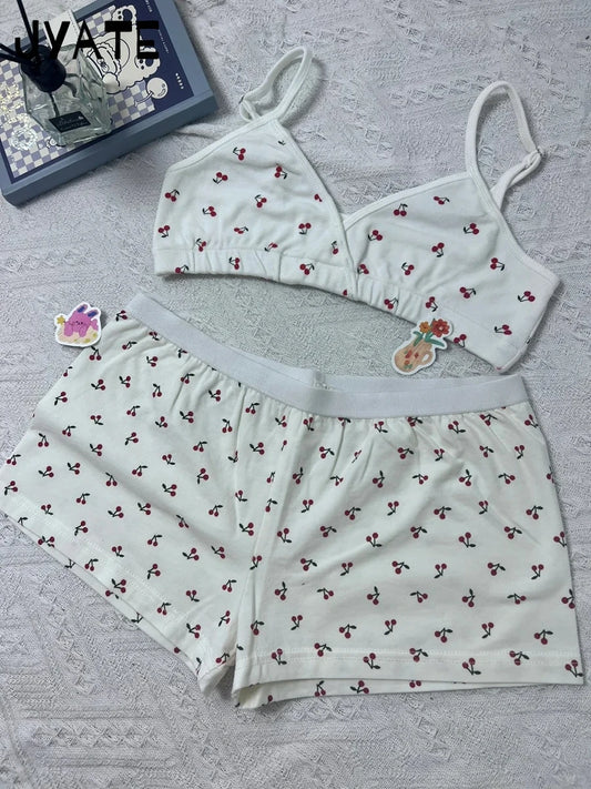 Playful Cherry Print Cotton Pajama Set for Women – Sexy V-Neck Bra and Chic Shorts Combo