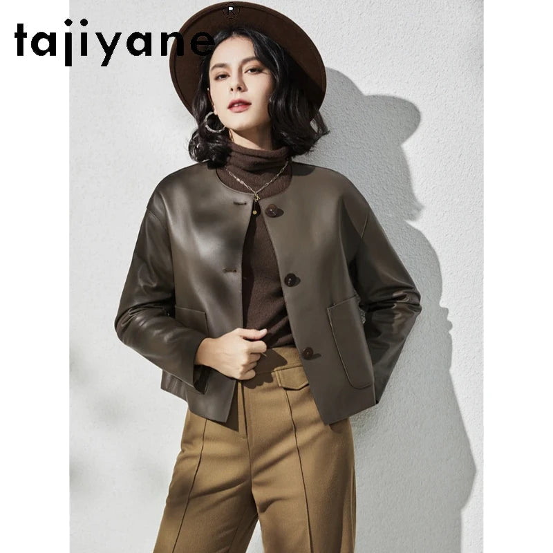 Tajiyane Genuine Sheepskin Coat Woman Clothes 2024 Single-breasted Real Leather Jacket Women Round Neck Short Versatile Coats