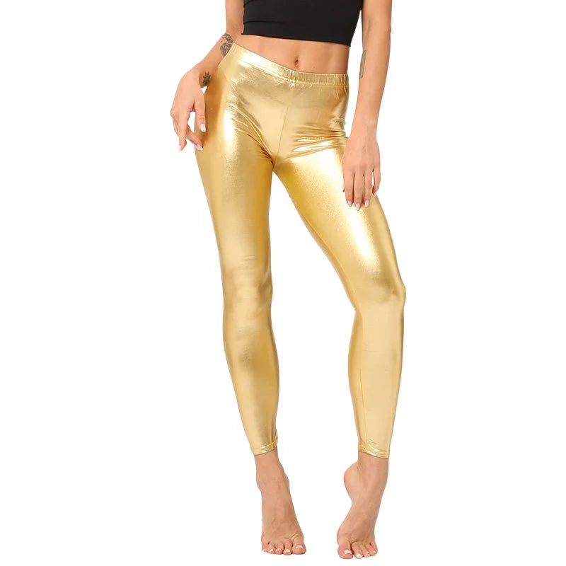 Glamorous Stretchy Fitness Leggings for Women - Shiny Clubwear Trousers in Silver, Black, Gold, and Red - Elastic Skinny Sport Fashion Pants