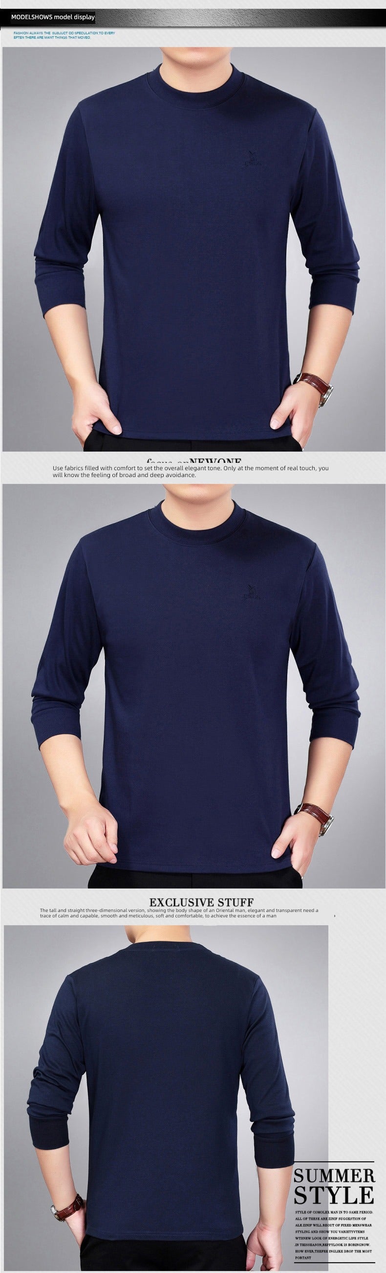 Cotton Long-Sleeve Half-Neck T-Shirt for Stylish Middle-Aged Dads