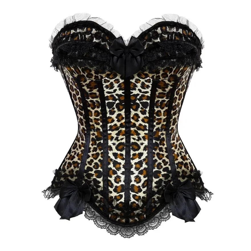 Leopard Print Satin Overbust Corset with Lace and Bowknot – Plus Size Showgirl Body Shaper Lingerie