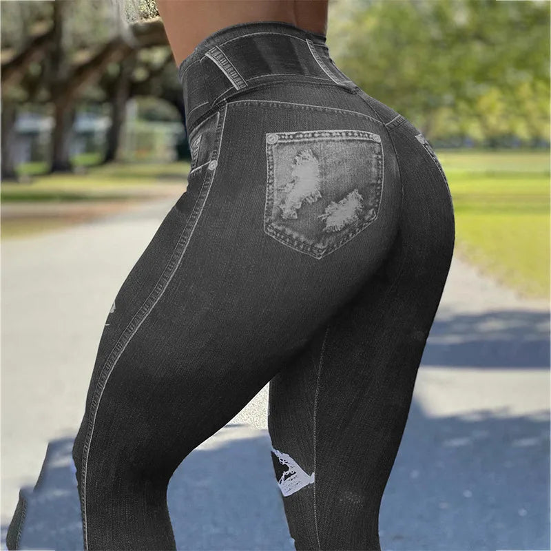 2024 Fall/Winter (XL.XXL.XXXL) Women's High-Waisted Elastic Denim-Look Leggings for Fitness and Yoga