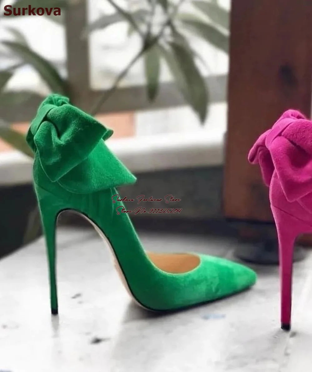 Surkova Elegant Green and Pink Suede High Heel Butterfly Pumps with Bowtie Slip-On Feature and Pointed Toe Design