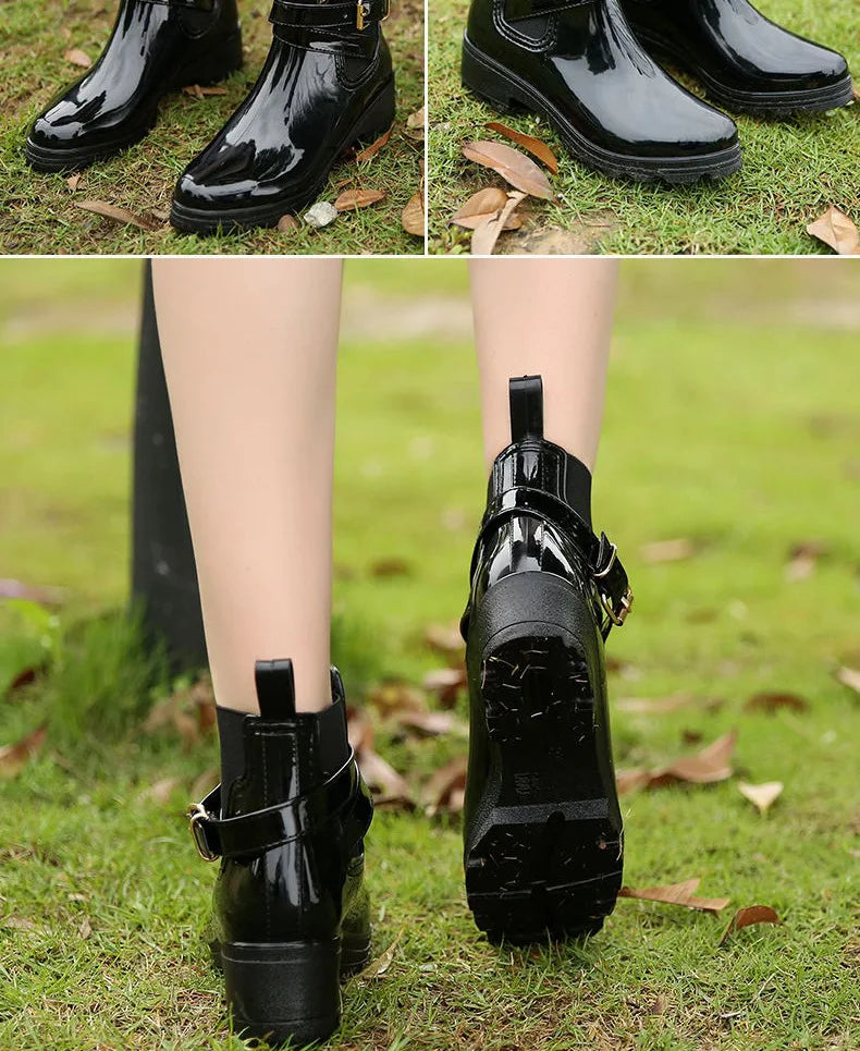 Stylish Waterproof Ankle Rain Boots for Women - PU Leather Slip-On Booties for All Seasons