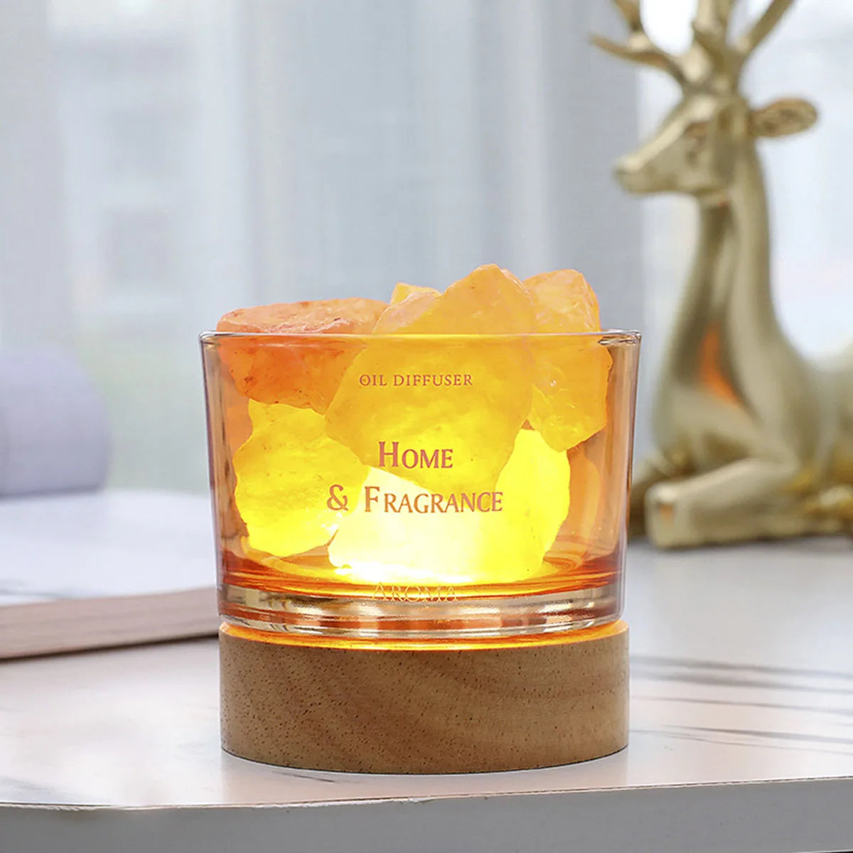 1PC Stone Diffuser - Natural Fragrant Crystal Stone with Wooden Luminous Base for Home Decoration, Bedroom, and Living Room Use