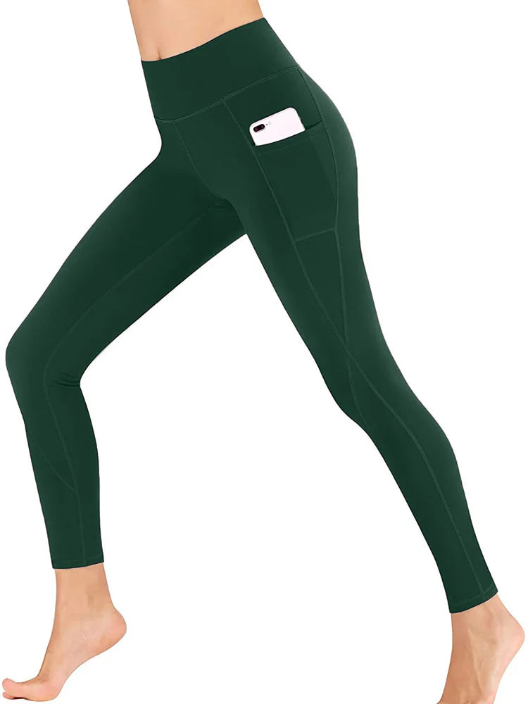 High Waisted Polyester Yoga Leggings with Pockets - Women's Fitness Trousers for Gym and Casual Wear