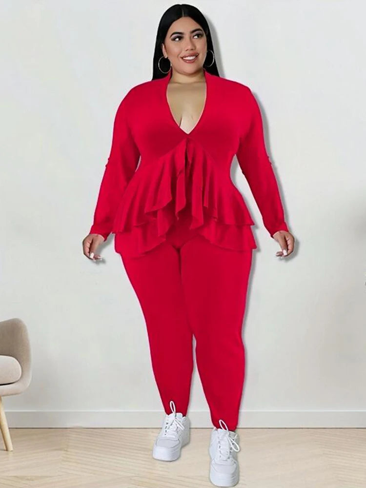 Chic Plus Size Women's Elegant Two-Piece Ruffle Blazer and Pants Suit Set for Stylish Comfort