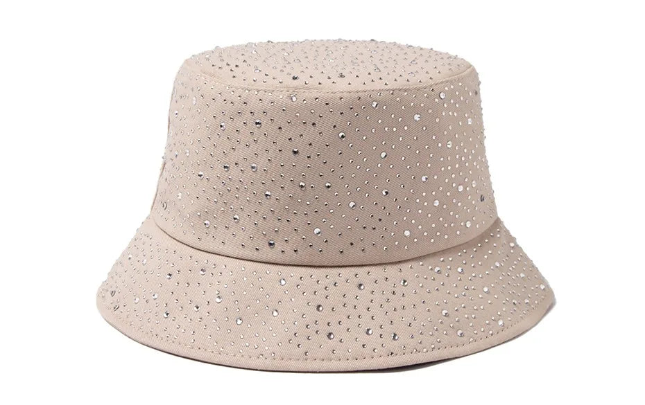 Chic Rhinestone-Studded Y2K Bucket Hat for Women - Stylish Cotton Panama Cap for Spring and Summer Escapades