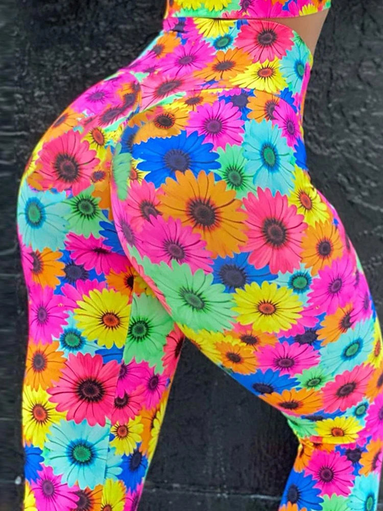 Chrysanthemum Print High Waist Push Up Leggings for Women - Stylish Fitness Tights for Gym and Yoga