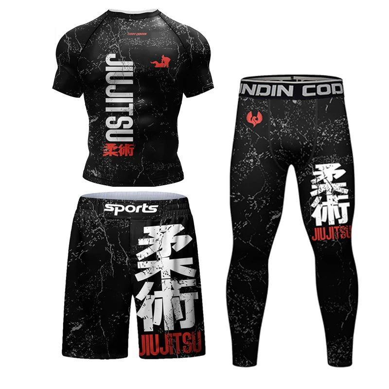 4-Piece Men's Jiu Jitsu Rashguard Set: MMA T-Shirt, Pants & Gym Shorts for Brazilian Grappling and Boxing