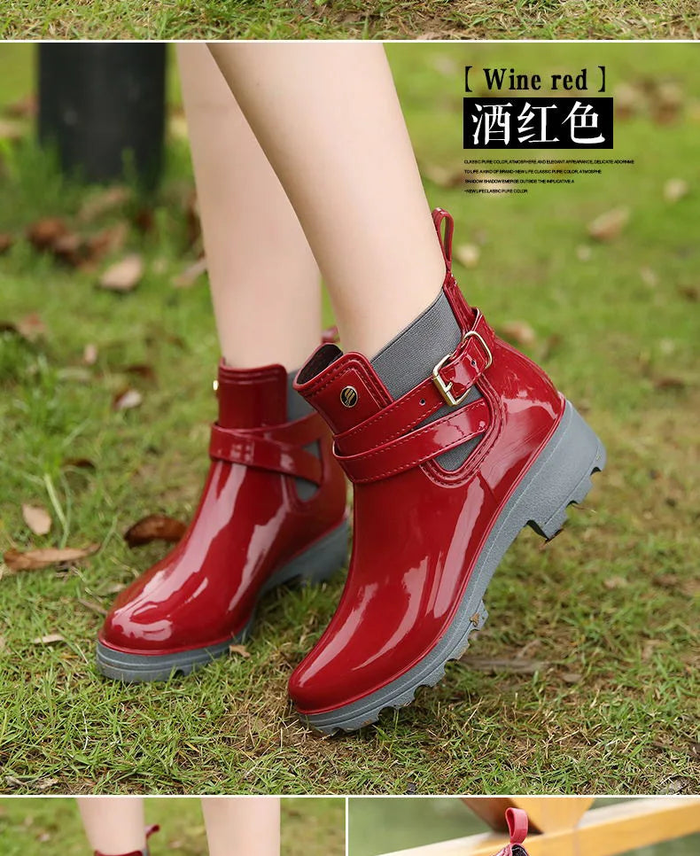 Stylish Waterproof Ankle Rain Boots for Women - PU Leather Slip-On Booties for All Seasons