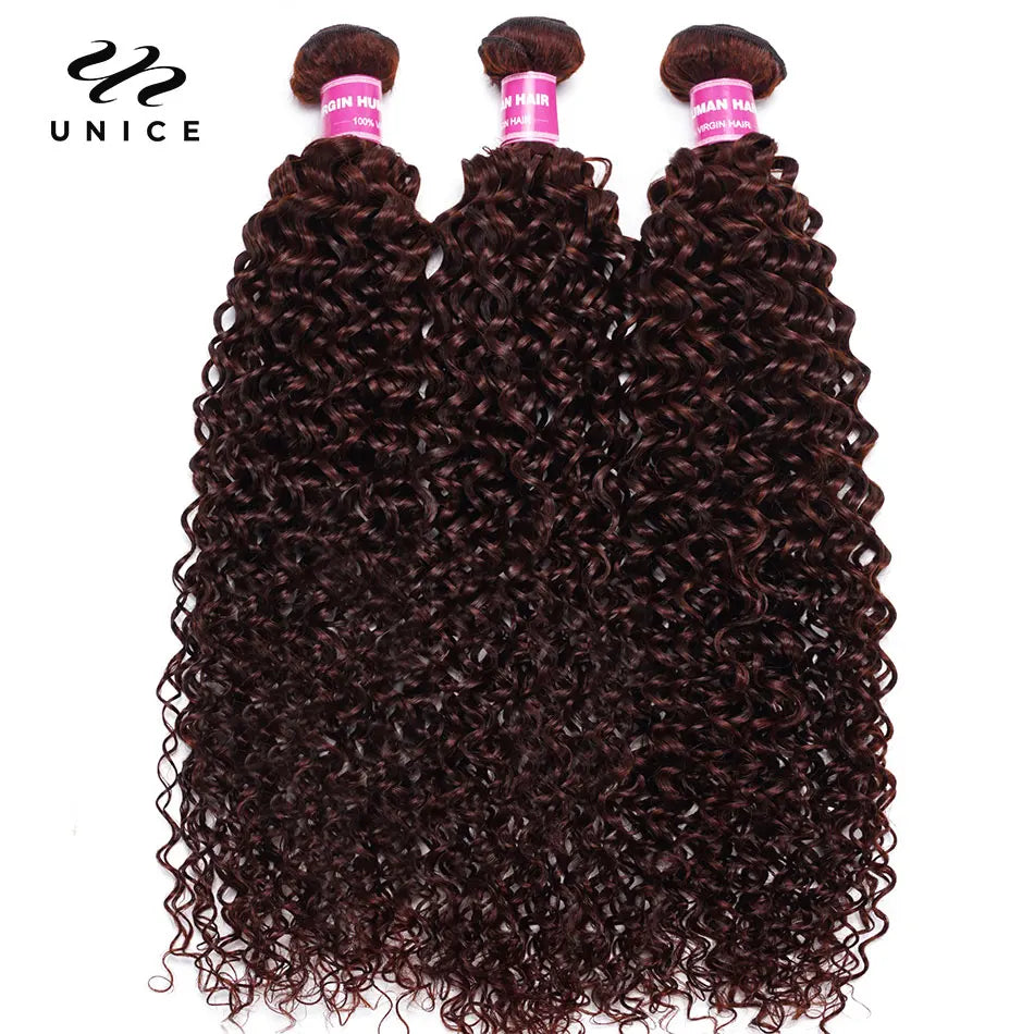 UNICE Reddish Brown Curly Human Hair Bundles - 3PCS 100% Remy Hair Extensions for Sew-Ins and Quick Weaves