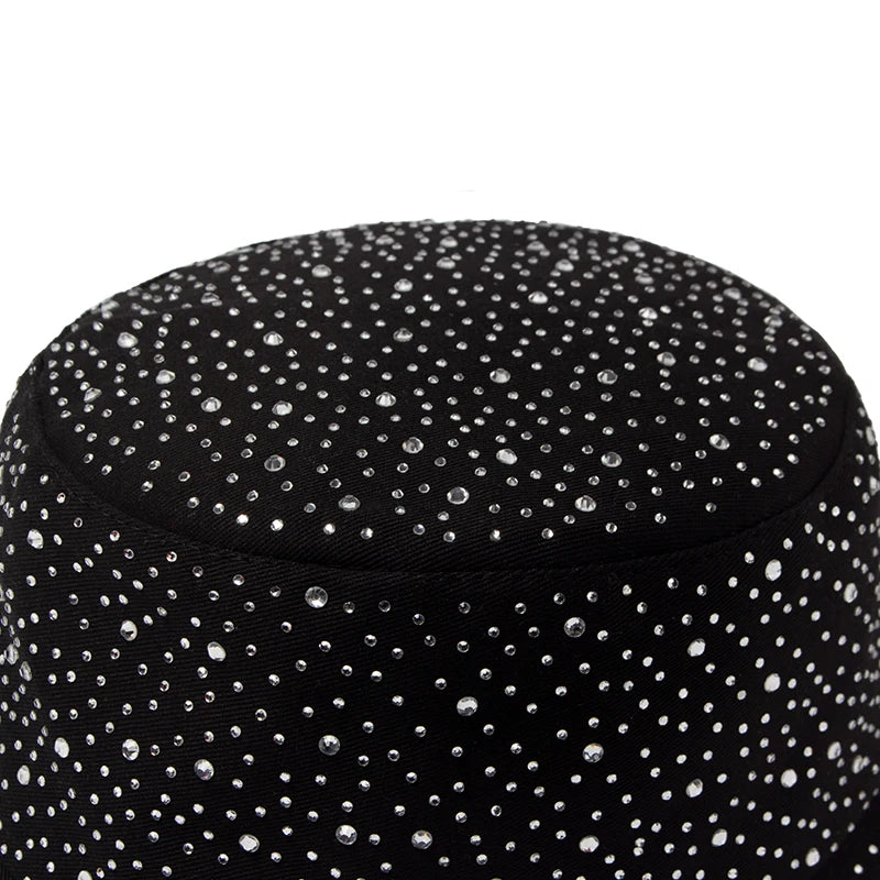 Chic Rhinestone-Studded Y2K Bucket Hat for Women - Stylish Cotton Panama Cap for Spring and Summer Escapades