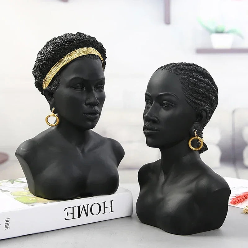 Resin African Black Woman Bust Statue American Figurines Sculpture Home Decor Living Room Shelf Display Cabinet Desk Decoration