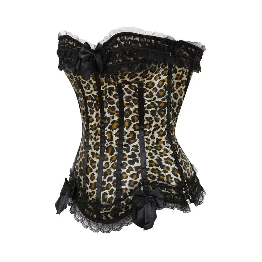 Leopard Print Satin Overbust Corset with Lace and Bowknot – Plus Size Showgirl Body Shaper Lingerie